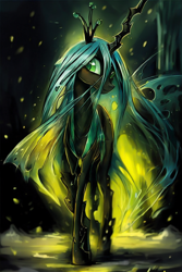 Size: 1024x1536 | Tagged: safe, editor:craft, imported from derpibooru, queen chrysalis, changeling, changeling queen, ai content, ai generated, generator:purplesmart.ai, generator:stable diffusion, looking at you, solo, walking towards you