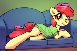 Size: 768x512 | Tagged: safe, imported from derpibooru, apple bloom, earth pony, pony, ai content, ai generated, couch, female, generator:novelai, generator:stable diffusion, green shirt, looking at you, lying down, mare, missing accessory, nightshirt, older, older apple bloom, on side, solo