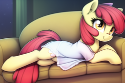 Size: 768x512 | Tagged: safe, imported from derpibooru, apple bloom, earth pony, pony, ai content, ai generated, clothes, couch, female, generator:novelai, generator:stable diffusion, looking up, lying down, mare, missing accessory, night, nightgown, older, older apple bloom, on side, see-through, solo