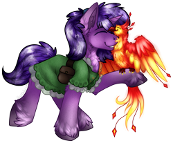 Size: 1797x1490 | Tagged: safe, artist:chvrchgrim, imported from derpibooru, oc, oc:berry blast, oc:faraday, bird, phoenix, pony, unicorn, clothes, commission, dress, eyes closed, fire, frilly dress, grin, holding, nuzzling, pet, purple hair, raised hoof, satchel, simple background, smiling, spread wings, standing, transparent background, unshorn fetlocks, wings