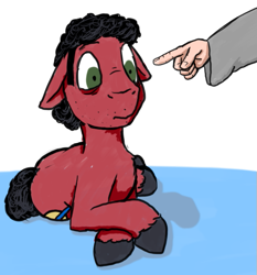 Size: 525x563 | Tagged: safe, artist:thebathwaterhero, imported from derpibooru, oc, oc:bath, earth pony, pony, earth pony oc, floppy ears, hand, offscreen character, pointing, solo focus
