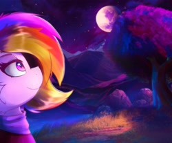 Size: 4770x3948 | Tagged: safe, artist:legionsunite, imported from derpibooru, oc, oc only, oc:velvet volt, pegasus, pony, high res, looking up, moon, mountain, night, pegasus oc, scenery, solo, starry night, tree