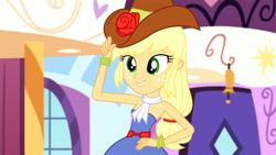 Size: 3072x1727 | Tagged: safe, imported from derpibooru, screencap, applejack, human, eqg summertime shorts, equestria girls, make up shake up, bare shoulders, cowboy hat, cowgirl, fall formal outfits, female, hand on hip, hat, sleeveless, smiling, solo, stetson, strapless