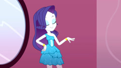 Size: 3072x1727 | Tagged: safe, imported from derpibooru, screencap, rarity, human, eqg summertime shorts, equestria girls, make up shake up, bare shoulders, bracelet, eyebrows, eyes closed, eyeshadow, fall formal outfits, female, grin, hand on hip, high res, jewelry, makeup, mirror, sleeveless, smiling, solo