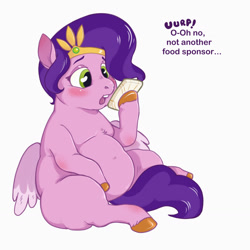 Size: 1280x1280 | Tagged: safe, artist:aristide, imported from derpibooru, pipp petals, pegasus, pony, adipipp, belly, big belly, blushing, burp, cellphone, fat, female, g5, jewelry, mare, obese, phone, simple background, sitting, smartphone, solo, text, tiara, white background