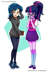 Size: 697x1053 | Tagged: safe, artist:twilite-sparkleplz, imported from derpibooru, indigo zap, sci-twi, twilight sparkle, human, equestria girls, alternate hairstyle, duo, duo female, female, glasses, sci-twi outfits, simple background, white background