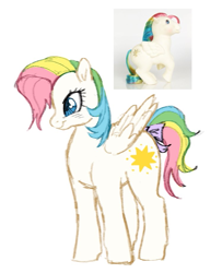 Size: 749x922 | Tagged: safe, artist:saddleup4love, imported from derpibooru, pegasus, pony, blue eyes, bow, female, g1, mare, simple background, smiling, solo, starshine (g1), tail, tail bow, toy, white background, wings