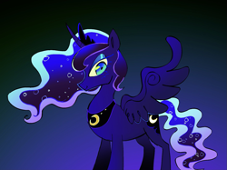 Size: 1743x1307 | Tagged: safe, artist:pichepata, imported from derpibooru, princess luna, alicorn, pony, crown, ethereal mane, ethereal tail, female, gradient background, jewelry, mare, peytral, regalia, smiling, solo, spread wings, tail, wings