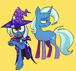 Size: 1190x1109 | Tagged: safe, artist:pichepata, imported from derpibooru, trixie, pony, unicorn, cape, clothes, female, frown, hat, lidded eyes, mare, open mouth, open smile, raised hoof, simple background, smiling, solo, tail, trixie's cape, trixie's hat, underhoof, yellow background