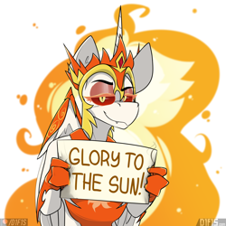 Size: 2560x2560 | Tagged: safe, artist:difis, imported from derpibooru, daybreaker, anthro, clothes, fire, lidded eyes, looking at you, paper, sign, simple background, smiling, smug, solo, text, white background
