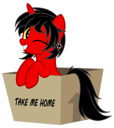 Size: 3426x3832 | Tagged: safe, artist:equestria secret guard, imported from derpibooru, oc, oc only, oc:dark star, oc:友谊领主暗星, pony, unicorn, box, female, horn, looking at you, mare, one eye closed, pony in a box, simple background, smiling, solo, transparent background, unicorn oc