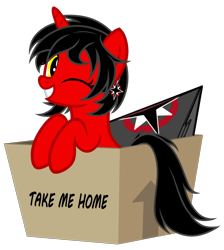Size: 3426x3832 | Tagged: safe, alternate version, artist:equestria secret guard, imported from derpibooru, oc, oc only, oc:dark star, oc:友谊领主暗星, pony, unicorn, box, female, helmet, horn, looking at you, mare, one eye closed, pony in a box, red and black oc, simple background, smiling, solo, transparent background, unicorn oc