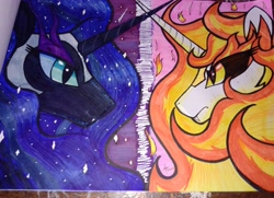 Size: 3834x2778 | Tagged: safe, imported from derpibooru, daybreaker, nightmare moon, looking at each other, looking at someone, traditional art