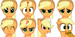 Size: 384x192 | Tagged: safe, artist:scootaloormayfly, derpibooru exclusive, imported from derpibooru, applejack, earth pony, pony, angry, applejack's hat, bag, confused, cowboy hat, drugs, exclamation point, green eyes, hat, jenkem, marijuana, open mouth, question mark, red eyes, rpg maker, rpg maker vx ace, sad, simple background, smiling, surprised, transparent background