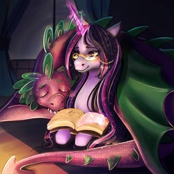 Size: 1024x1024 | Tagged: safe, artist:twiddletwum, imported from derpibooru, spike, twilight sparkle, alicorn, dragon, pony, adult, adult spike, bedtime story, book, duo, duo male and female, female, glasses, glowing, glowing horn, horn, lying down, magic, magic aura, male, mare, older, older spike, older twilight, prone, sleeping, smiling, telekinesis, twilight sparkle (alicorn), wing blanket, winged spike, winghug, wings