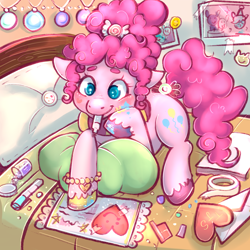 Size: 2048x2048 | Tagged: safe, artist:twiddletwum, imported from derpibooru, pinkie pie, earth pony, pony, alternate hairstyle, bed, colored hooves, cute, diapinkes, female, floppy ears, glitter, heart, hearts and hooves day, high res, mare, marker, mouth hold, on bed, pillow, smiling, solo