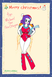 Size: 734x1089 | Tagged: safe, artist:uravilladge, imported from derpibooru, rarity, human, equestria girls, christmas, clothes, flying, hand on hip, happy, hat, holiday, jetpack, leotard, open mouth, santa hat, scarf, solo