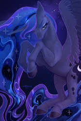 Size: 854x1280 | Tagged: safe, artist:eellivven, imported from derpibooru, princess luna, alicorn, pony, colored hooves, ethereal mane, ethereal tail, female, flying, hooves, lacrimal caruncle, lidded eyes, lightly watermarked, long mane, long tail, looking at you, mare, missing accessory, raised hooves, signature, slim, solo, spread wings, starry mane, starry sky, starry tail, tail, thin, watermark, wings