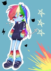 Size: 597x831 | Tagged: safe, artist:rainn__1026, imported from derpibooru, rainbow dash, human, equestria girls, clothes, devil horns, devil tail, horns, shoes, shorts, sweater, tail