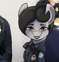 Size: 2774x2892 | Tagged: safe, artist:themimicartist, imported from derpibooru, oc, oc:mimic, earth pony, pony, clothes, lipstick, looking at you, meme, necktie, police officer, police uniform, ponified meme, smiling, solo