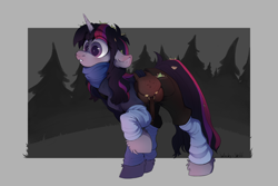 Size: 3000x2000 | Tagged: safe, artist:wacky-skiff, imported from derpibooru, twilight sparkle, pony, unicorn, bag, clothes, female, forest, mare, saddle bag, solo, unicorn twilight