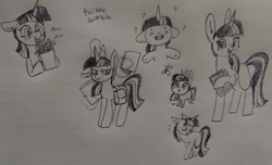 Size: 2193x1332 | Tagged: safe, artist:nootaz, imported from derpibooru, twilight sparkle, butterfly, pony, unicorn, bag, book, eyes closed, floppy ears, food, french fries, happy, looking at you, question mark, saddle bag, smiling, solo, traditional art, unamused, unicorn twilight