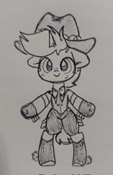 Size: 1329x2048 | Tagged: safe, artist:nootaz, imported from derpibooru, oc, oc:nootaz, pony, unicorn, bipedal, bowtie, clothes, cowboy hat, freckles, hat, smiling, solo, traditional art