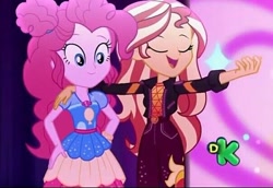 Size: 604x415 | Tagged: safe, imported from derpibooru, screencap, pinkie pie, sunset shimmer, human, equestria girls, equestria girls series, sunset's backstage pass!, spoiler:eqg series (season 2), discovery kids, duo, duo female, female