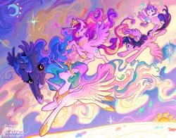 Size: 2048x1602 | Tagged: safe, artist:千雲九枭, imported from derpibooru, princess cadance, princess celestia, princess flurry heart, princess luna, twilight sparkle, alicorn, pony, :p, alicorn pentarchy, alicorn tetrarchy, aunt and niece, chest fluff, crown, curved horn, eyes closed, female, filly, flying, foal, happy, heart, hoof shoes, horn, jewelry, mare, moon, mother and child, mother and daughter, new crown, princess shoes, regalia, siblings, sisters, slim, smiling, spread wings, stars, sun, thin, tiara, tongue out, twilight sparkle (alicorn), wings