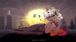 Size: 2560x1440 | Tagged: safe, artist:wacky-skiff, imported from derpibooru, oc, oc only, pony, city, onomatopoeia, pillow, sleeping, snoring, solo, sound effects, sun, zzz