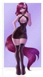 Size: 1147x2048 | Tagged: safe, artist:yutakira92, imported from derpibooru, oc, oc only, oc:burgundy chalice, anthro, earth pony, unguligrade anthro, absolute cleavage, bedroom eyes, big breasts, black dress, breasts, cleavage, clothes, collar, dress, ear piercing, earring, female, jewelry, lidded eyes, little black dress, looking at you, piercing, smiling, solo, stockings, thigh highs