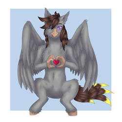 Size: 2100x2100 | Tagged: safe, artist:yauriko, imported from derpibooru, oc, oc:luxor, classical hippogriff, hippogriff, belly, chest fluff, heart hands, looking at you, one eye closed, partially open wings, simple background, sitting, unshorn fetlocks, wings, wink, winking at you