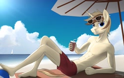 Size: 3350x2100 | Tagged: safe, artist:dash wang, imported from derpibooru, oc, oc only, oc:cream brun, anthro, plantigrade anthro, unicorn, abs, beach, beach ball, clothes, hand, looking at you, male, partial nudity, smiling, solo, sunglasses, topless