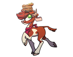 Size: 1920x1480 | Tagged: safe, artist:wacky-skiff, imported from derpibooru, cow, them's fightin' herds, arizona (tfh), bandana, cloven hooves, community related, female, food, looking up, no pupils, pancakes, simple background, solo, white background