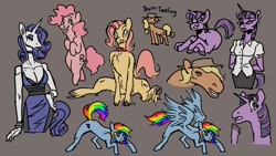 Size: 1600x900 | Tagged: safe, artist:jamdrawers, imported from derpibooru, applejack, fluttershy, pinkie pie, rainbow dash, rarity, twilight sparkle, anthro, earth pony, pegasus, pony, unicorn, clothes, collar, dress, grin, mane six, sketch, smiling, unicorn twilight