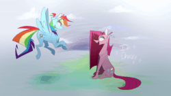 Size: 600x338 | Tagged: safe, artist:wacky-skiff, imported from derpibooru, pinkie pie, rainbow dash, earth pony, pegasus, pony, animated, duo, duo female, female, flapping, flapping wings, flying, gif, pinkamena diane pie, wings