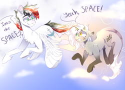 Size: 2500x1800 | Tagged: safe, artist:wacky-skiff, imported from derpibooru, oc, oc only, pegasus, pony, cloud, duo, flying, sky