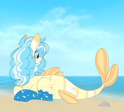 Size: 1280x1160 | Tagged: safe, artist:yukkimo, imported from derpibooru, oc, pony, augmented, augmented tail, beach, commission, female, fish tail, lying down, ocean, prone, solo, tail, water