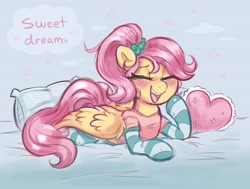 Size: 3547x2684 | Tagged: safe, artist:confetticakez, imported from derpibooru, fluttershy, pegasus, pony, alternate hairstyle, bed, blanket, blushing, clothes, cute, daaaaaaaaaaaw, eyes closed, female, lying down, mare, on bed, open mouth, open smile, pajamas, pillow, prone, shyabetes, sleepy, smiling, socks, solo, striped socks