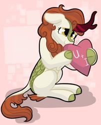 Size: 895x1100 | Tagged: safe, artist:cadetredshirt, imported from derpibooru, autumn blaze, kirin, pony, awwtumn blaze, cloven hooves, commission, cute, digital art, ears back, heart, hearts and hooves day, holiday, looking up, scales, shy, sitting, smiling, solo, valentine, valentine's day, ych result