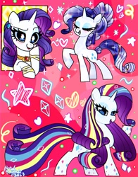Size: 1074x1368 | Tagged: safe, artist:petaltwinkle, imported from derpibooru, rarity, pony, unicorn, alternate hairstyle, blushing, bracelet, crystallized, cute, ear piercing, earring, element of generosity, eyes closed, eyeshadow, female, jewelry, makeup, mare, multiple tails, piercing, rainbow power, raribetes, solo, tail, two tails
