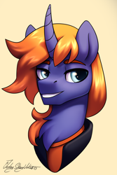 Size: 2000x3000 | Tagged: safe, artist:jedayskayvoker, imported from derpibooru, oc, oc:duskshy, bust, chest fluff, clothes, curved horn, cute, eyebrows, horn, icon, male, patreon, patreon reward, portrait, simple background, smiling, solo, stallion, thick eyebrows