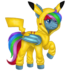 Size: 2332x2332 | Tagged: safe, artist:micaza_, imported from derpibooru, oc, oc only, oc:azure star (fauli1221), bat pony, pikachu, pony, clothes, commission, costume, hoodie, kigurumi, male, pokémon, raised hoof, simple background, slim, solo, stallion, thin, transparent background, ych result