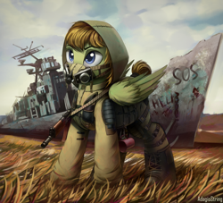 Size: 2200x2000 | Tagged: safe, artist:adagiostring, imported from derpibooru, oc, oc:donnik, pegasus, pony, aks-74u, cup, detailed background, gas mask, gun, mask, rifle, s.t.a.l.k.e.r., ship, solo, stalker, weapon