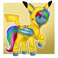 Size: 2332x2332 | Tagged: safe, alternate version, artist:micaza_, imported from derpibooru, oc, oc only, oc:azure star (fauli1221), bat pony, pikachu, pony, clothes, commission, hoodie, male, pokémon, solo, stallion, ych result, your character here