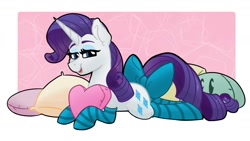 Size: 1583x891 | Tagged: safe, artist:cadetredshirt, imported from derpibooru, rarity, pony, unicorn, bedroom eyes, blue eyes, bow, clothes, commission, curly mane, curly tail, digital art, ear fluff, eyelashes, eyeshadow, female, g4, heart, heart pillow, horn, hug, looking at you, lying down, makeup, mare, open mouth, open smile, pillow, pillow hug, png, prone, purple mane, purple tail, shading, smiling, smiling at you, smug, socks, solo, striped socks, tail, tail bow, ych result