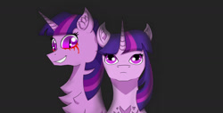 Size: 1635x828 | Tagged: safe, artist:nismorose, imported from derpibooru, linky, twilight sparkle, oc, oc:midnight sparkle, unicorn, black background, blood, chest fluff, crying, ear fluff, evil grin, evil twilight, eyelashes, fanfic art, fanfic in the description, female, grin, horn, looking at you, mare, midnight sparkle, sharp teeth, simple background, slit pupils, smiling, tears of blood, teary eyes, teeth, unicorn twilight, youtube link in the description