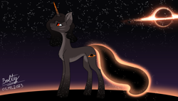 Size: 3662x2080 | Tagged: safe, artist:lightning bolty, imported from derpibooru, oc, oc only, pony, unicorn, accretion disk, black hole, black hole tail, coat markings, colored belly, concave belly, ear fluff, ethereal mane, event horizon, facial markings, female, gradient background, gradient eyes, gradient hooves, gradient horn, horn, mare, pale belly, short mane, signature, slim, socks (coat markings), solo, space, standing, starry hooves, starry mane, starry tail, stars, tail, thin, unicorn oc