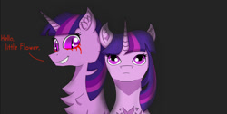 Size: 1641x828 | Tagged: safe, artist:nismorose, imported from derpibooru, twilight sparkle, oc, oc:midnight sparkle, pony, unicorn, black background, blood, chest fluff, crying, dialogue, ear fluff, evil grin, evil twilight, eyelashes, fanfic art, fanfic in the description, female, grin, horn, link, looking at someone, looking at you, mare, midnight sparkle, sharp teeth, simple background, slit pupils, smiling, speech, talking, tears of blood, teary eyes, teeth, text, unicorn twilight, youtube link in the description