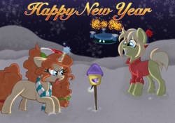 Size: 2048x1448 | Tagged: artist needed, safe, imported from derpibooru, oc, oc only, oc:milli, oc:reginette, earth pony, pony, unicorn, earth pony oc, eponafest, fireworks, fuse, glowing, glowing horn, happy new year, holiday, horn, pyrokinesis, snow, snowfall, text, unicorn oc